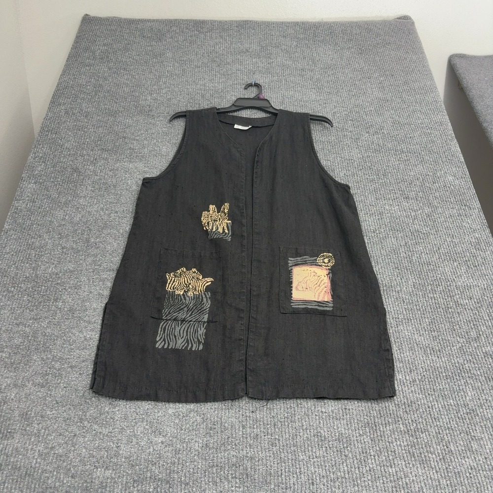 Vintage Match Point Vest Womens XL Black Linen Zebra Embroidered Lagenlook